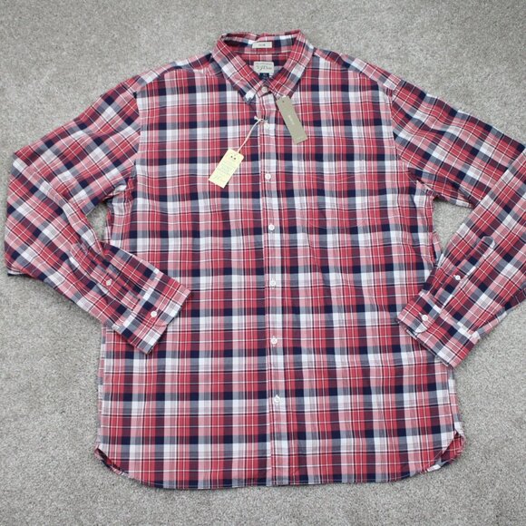 J Crew Shirt NWT Mens XL Red/Blue/White 2 Ply Cotton Secret Wash Slim Fit L/S - Picture 1 of 14